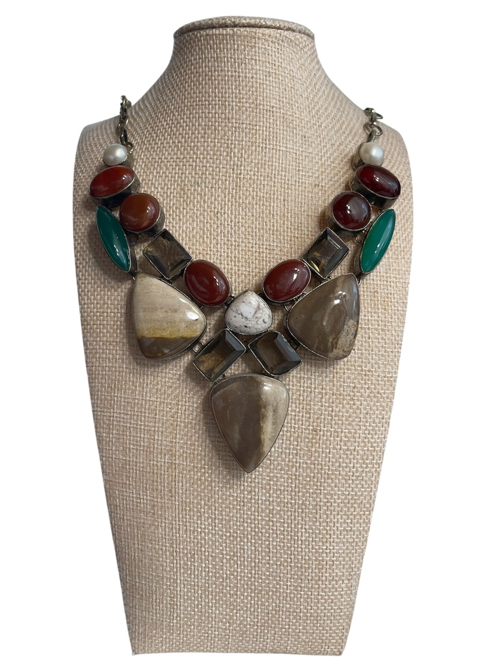 Multistone Statement Necklace in Brown, Green & Red Accents